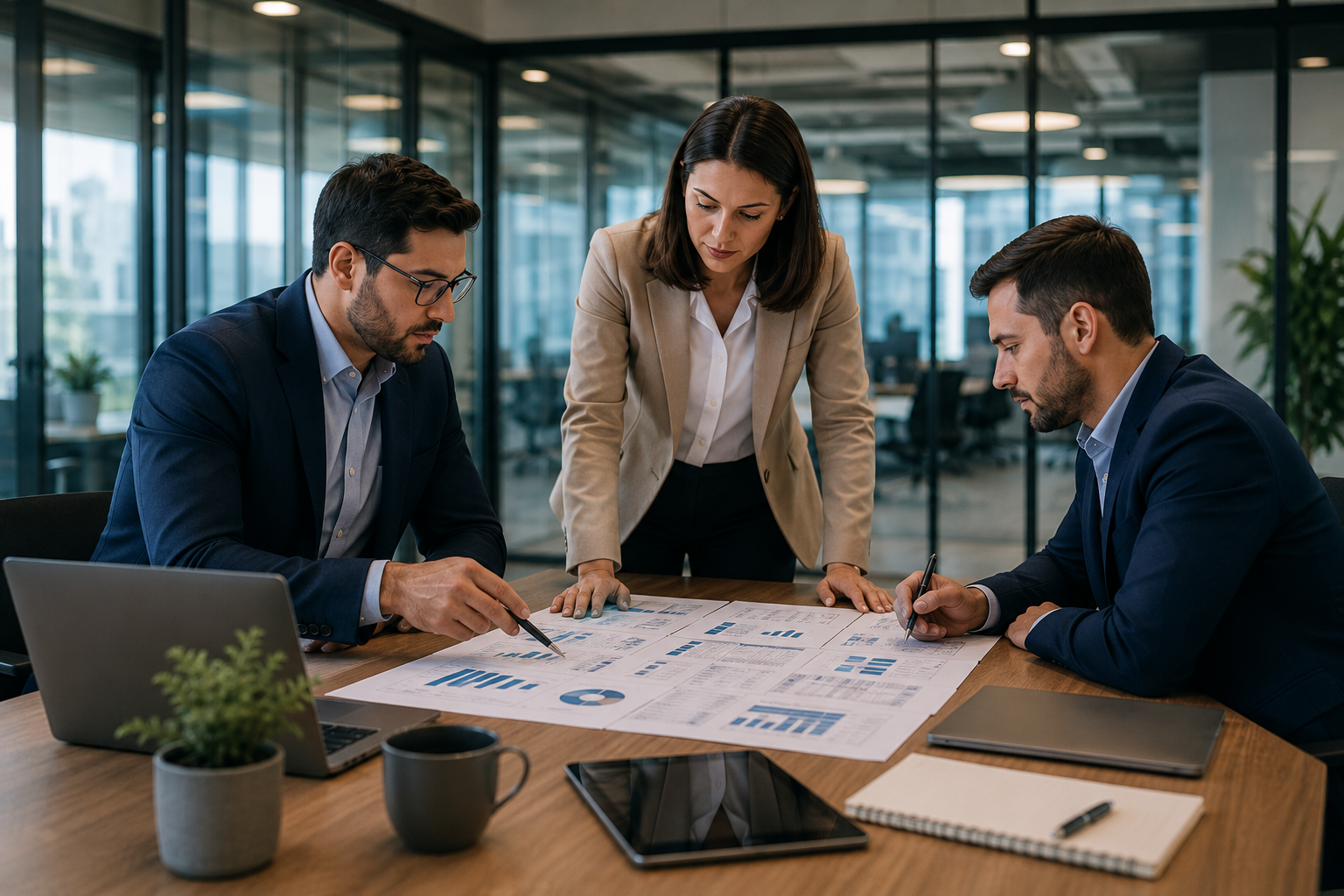Tres profesionales revisando información y documentos durante una sesión de trabajo empresarial.
